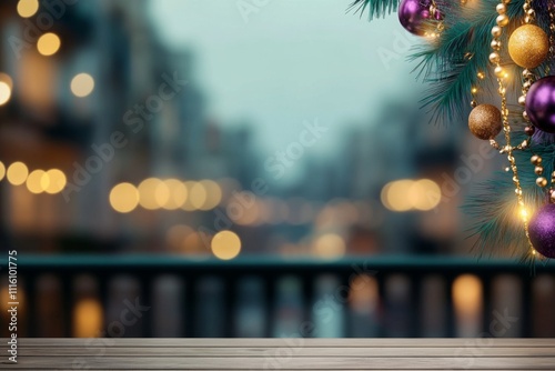 Beautifully decorated festive background with ornaments and lights illuminati...