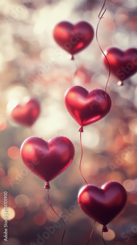 Heart shaped balloons float gently in a warm sunset glow