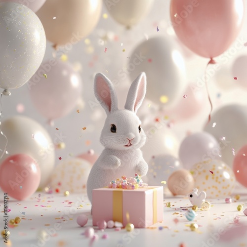Cute white bunny surrounded by colorful balloons and confetti at a celebration