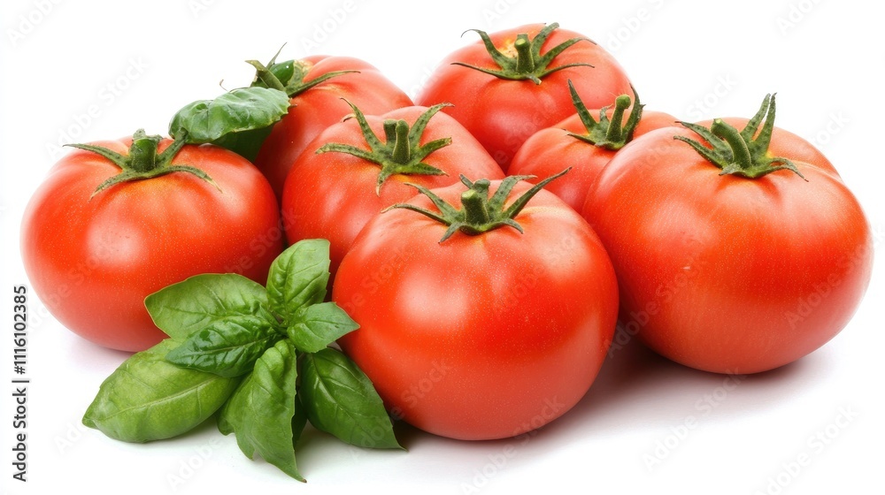 Assorted vibrant red tomatoes with a cluster of fresh basil leaves arranged on a clean white surface, food, healthy ingredients, culinary preparation, organic produce. Assorted vibrant red tomatoes with a cluster of fresh basil leaves arranged on a clean white surface, food, healthy ingredients, culinary preparation, organic produce.