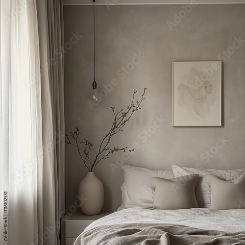 Interior of a modern rustic bedroom in shades of greige, which is an intermediate colour between beige and grey.