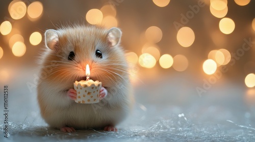 Cute hamster holding a tiny cupcake with a lit candle against a blurred light...