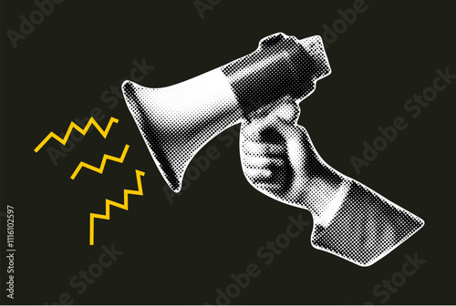 Halftone megaphone illustration lightning bolts. Announcement message megaphone digital background.