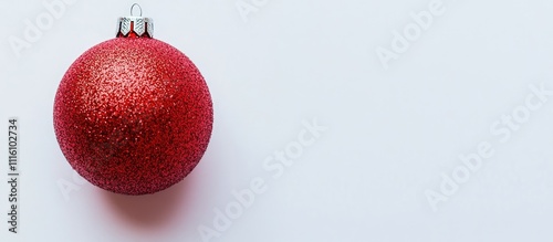 Shiny red Christmas ball ornament on a minimalist white background ideal for festive holiday designs and seasonal decorations. photo