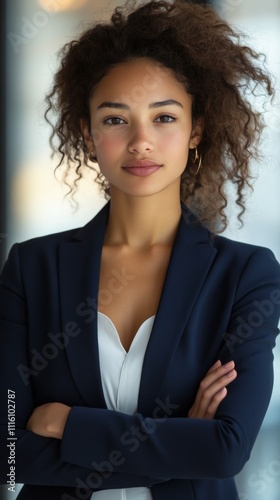 Confident woman with curly hair in professional attire poses indoors during d...