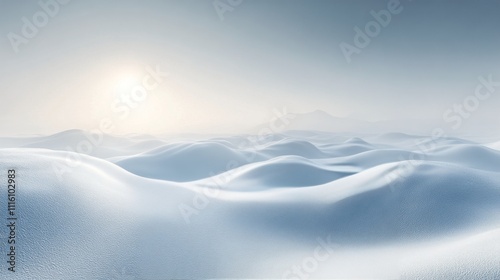 Snowy landscape with gentle rolling hills illuminated by soft winter light