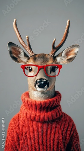 Reindeer wearing red glasses and a cozy sweater in a snowy setting during winter