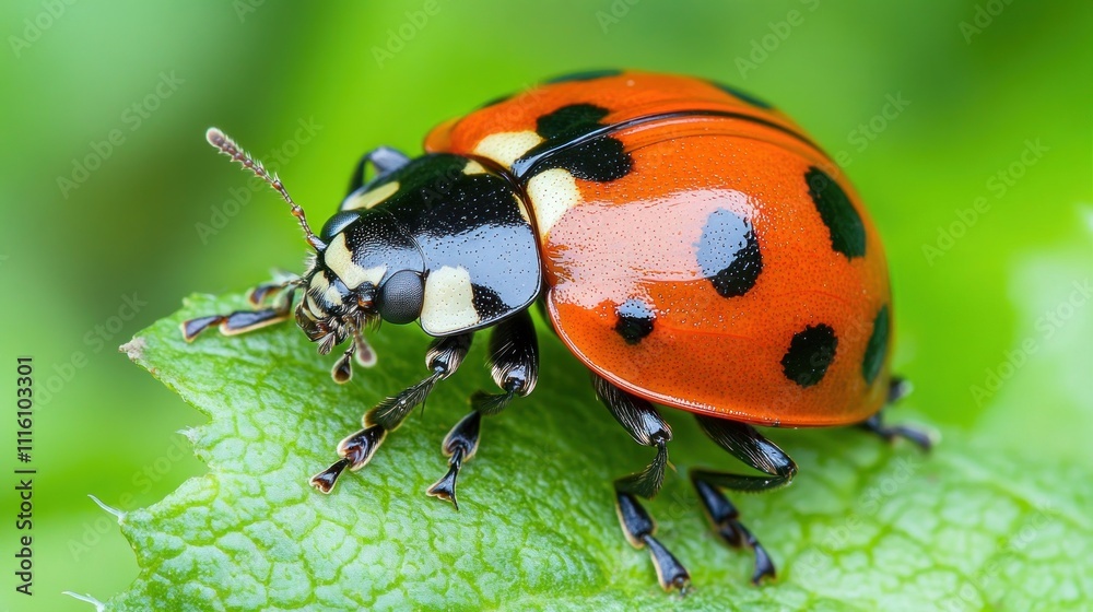 Obraz premium A close-up of a vibrant ladybug on a green leaf, showcasing its distinct colors and patterns.