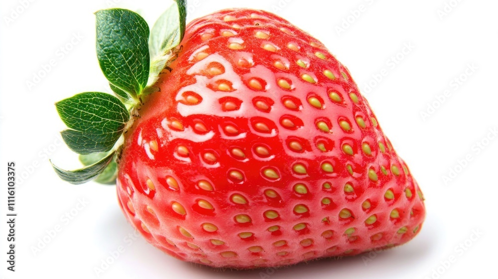 Fresh ripe red strawberry with green leaves isolated on white background showcasing its vibrant color and natural texture. Fresh ripe red strawberry with green leaves isolated on white background showcasing its vibrant color and natural texture.
