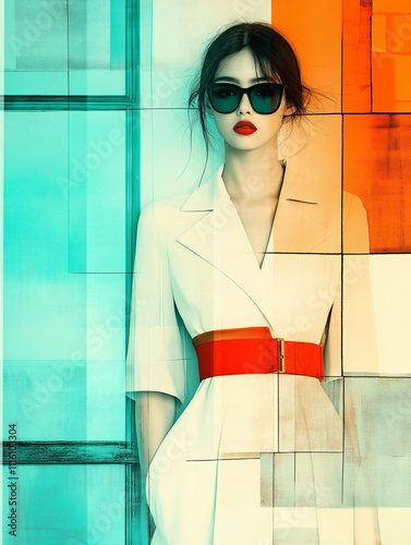 Fashion Portrait with White Dress and Red Belt in Turquoise Orange photo