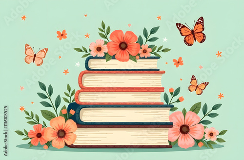 Colorful stack of books surrounded by flowers and butterflies in a whimsical garden setting photo