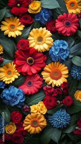 Vibrant display of colorful flowers surrounded by lush green leaves in a natu...