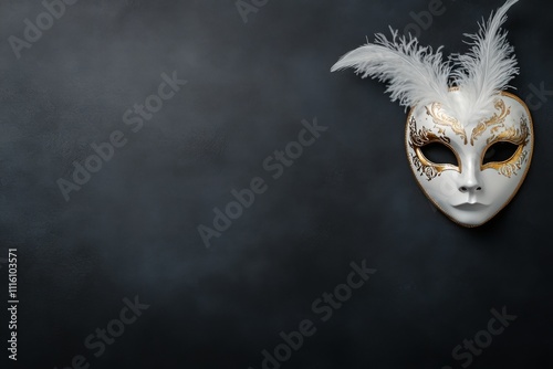 Elegant white mask with gold accents and feathers displayed against a dark ba...