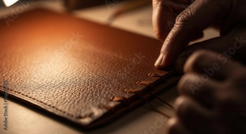 Leather crafting close-up: hand stitching wallet on workbench photo