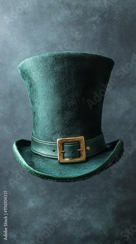 Bright green shamrock hat with gold buckle and black feather for festive cele...