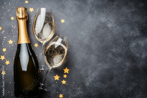 Celebration with sparkling wine and festive decorations on a dark surface