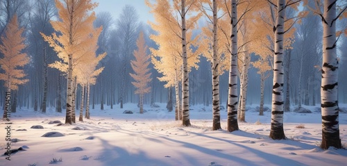 Sparkling winter wonderland with glowing birch trees, snowy backdrop, holiday spirit, snowflurry photo