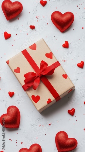 Gift box wrapped in brown paper with red ribbon and surrounded by red hearts ...