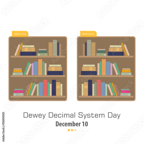 Dewey Decimal System Day, December 10, vector illustration. Library book shelfs with serial numbering.
