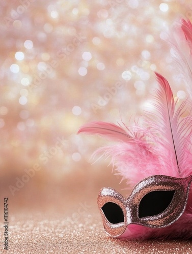 Glittering pink masquerade mask adorned with feathers on a sparkling surface ...