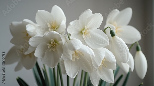 Elegant snowdrop flowers arranged beautifully against a clean white background highlighting their delicate features and pure white color. photo