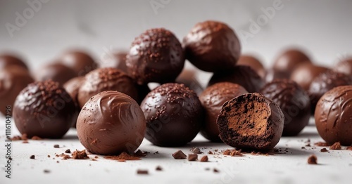 Wallpaper Mural Tempting Dark Chocolate Truffles Stacked On A White Surface , dark chocolate, rich Torontodigital.ca