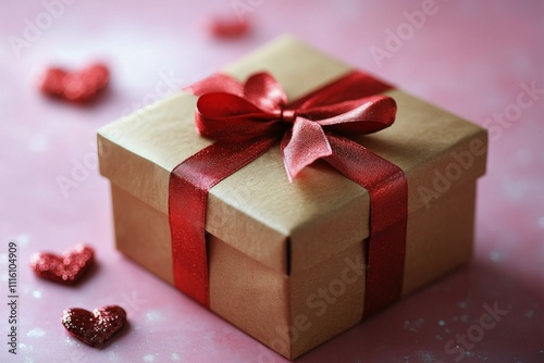 Present decorated with red ribbon surrounded by heart shaped decorations for ...