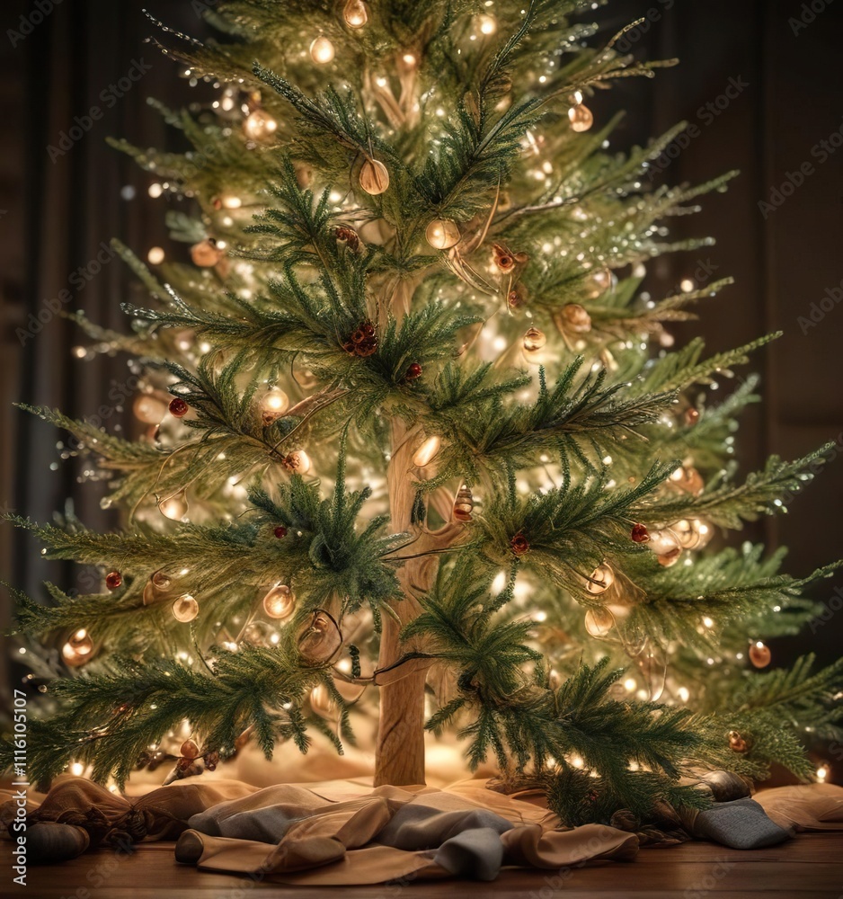The soft glow of fairy lights wraps around the delicate branches of a beautifully decorated Christmas tree, Soft Glow, Whimsical Christmas Decor The soft glow of fairy lights wraps around the delicate branches of a beautifully decorated Christmas tree, Soft Glow, Whimsical Christmas Decor