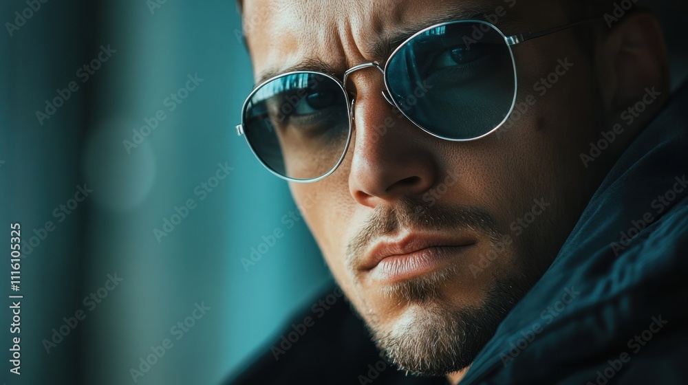 A close-up portrait of a man wearing sunglasses, conveying a serious and intense expression. A close-up portrait of a man wearing sunglasses, conveying a serious and intense expression.
