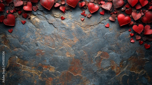 Red hearts arranged in a circular pattern on a dark textured background for d...