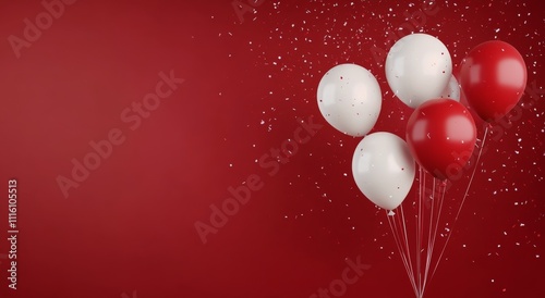 Colorful red and white balloons with confetti against a vibrant background