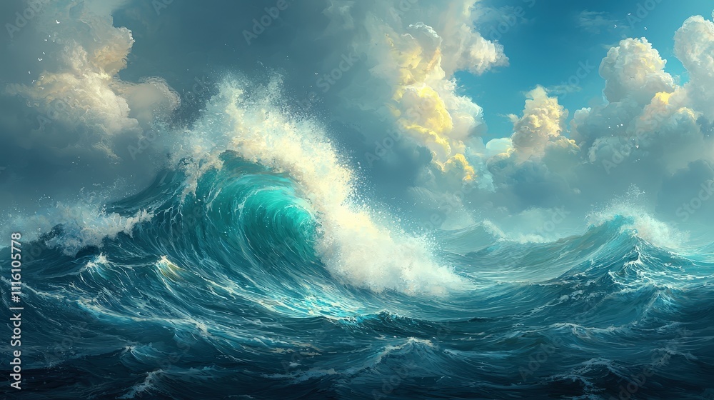 Naklejka premium Majestic Ocean Waves with Dramatic Clouds and Gentle Sunlight, Capturing the Beauty and Power of Nature's Elements in a Dynamic Seascape Setting