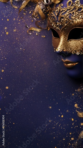 Elegant mask with gold accents against a deep purple background during a fest...