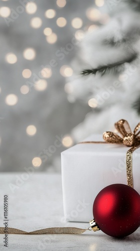 Festive red ornament on a gift box during the holiday season with blurred lights
