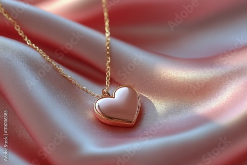 Heart shaped pendant resting on silky pink fabric in soft lighting