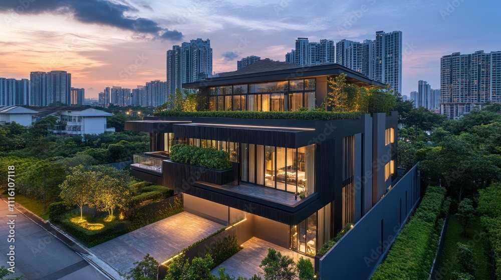 Fototapeta premium Modern Luxury Home Amidst City Skyline at Dusk