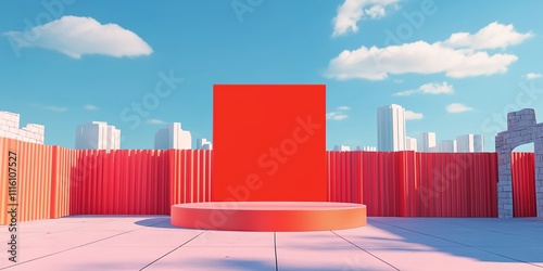 background featuring a 3D red e-commerce promotional product display stand against a backdrop of urban architecture. The scene includes a transparent glass protective film covering the technology exhi photo