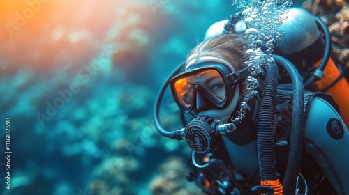 Divers explore underwater world under sunlit ocean surface