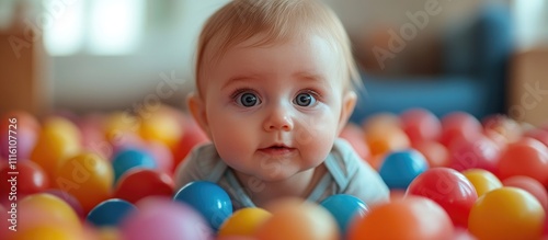 Happy baby girl playing in a colorful ball pit surrounded by vibrant balls capturing the joy of childhood and playful innocence