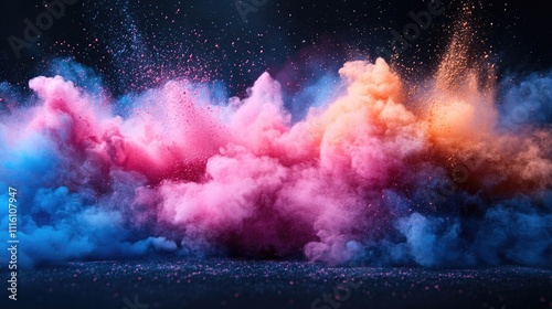 Colorful powder explosion creating vibrant clouds with dynamic motion in a dark background showcasing creativity and energy in art and design. photo