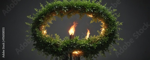 Wreath of spurge plant leaves encircles a central stem near an open flame , fire, outdoor, botanical photo