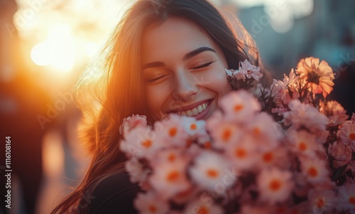 Woman smiles joyfully while holding a bouquet of roses during a sunset in a c...