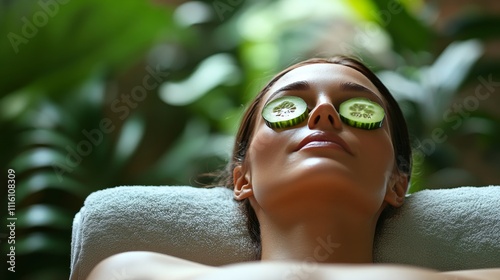 Woman enjoys relaxation with cucumber slices on her eyes at a spa setting in ...