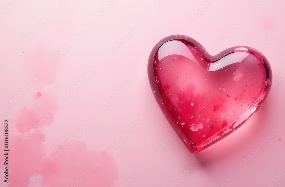 Obraz premium Red glass transparent heart on a pink background
