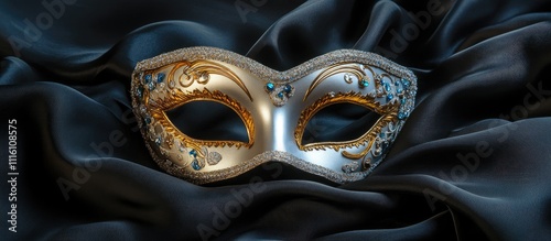 Elegant carnival mask on luxurious black silk background highlighting intricate details and craftsmanship in a dramatic visual composition photo