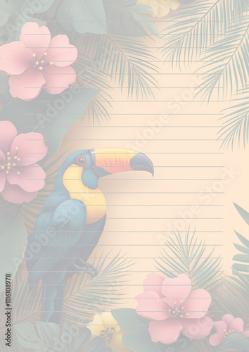 Papier à lettres pastel avec décorations thème tropical, feuilles de palmier, fleurs exotiques , toucan, avec des lignes droites et fines pour l'écriture, fond pêche clair, style vibrant et ensoleillé photo