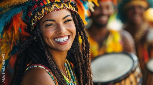 Colorful samba dancers celebrate in vibrant costumes during a street festival...