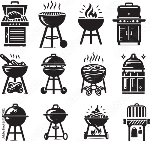 Grill BBQ icon silhouette set. Charcoal grills, Gas grills, and Wood fired grills Vector illustration
