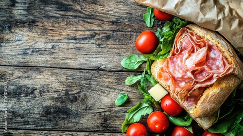 Gourmet sandwich with cured meats cheese and fresh vegetables on rustic wooden surface ideal for food photography and culinary promotions photo