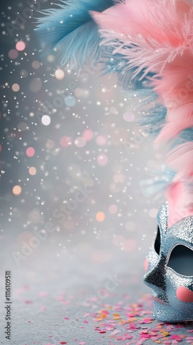 Colorful masquerade mask with feathers and sparkles on a festive background